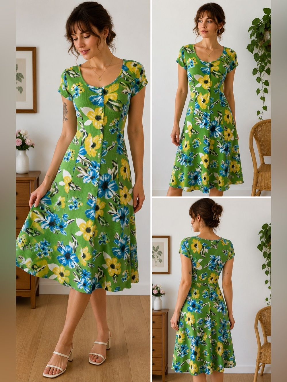 Vintage 90s Floral Midi Dress Green Ribbed Knit Button Front Cottagecore USA M